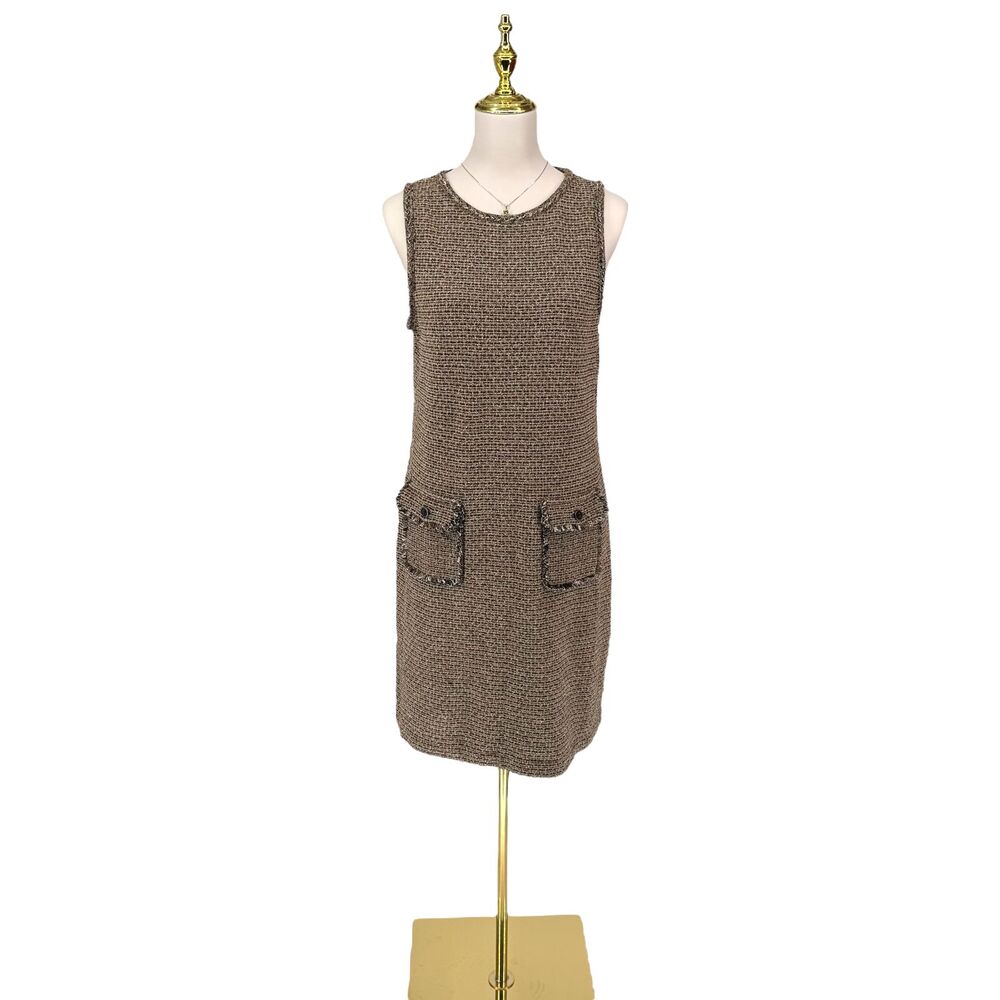 J Jill Tweed Shift Dress SP Brown Sleeveless Boucle Fringe Pockets Knit Career - Picture 2 of 9